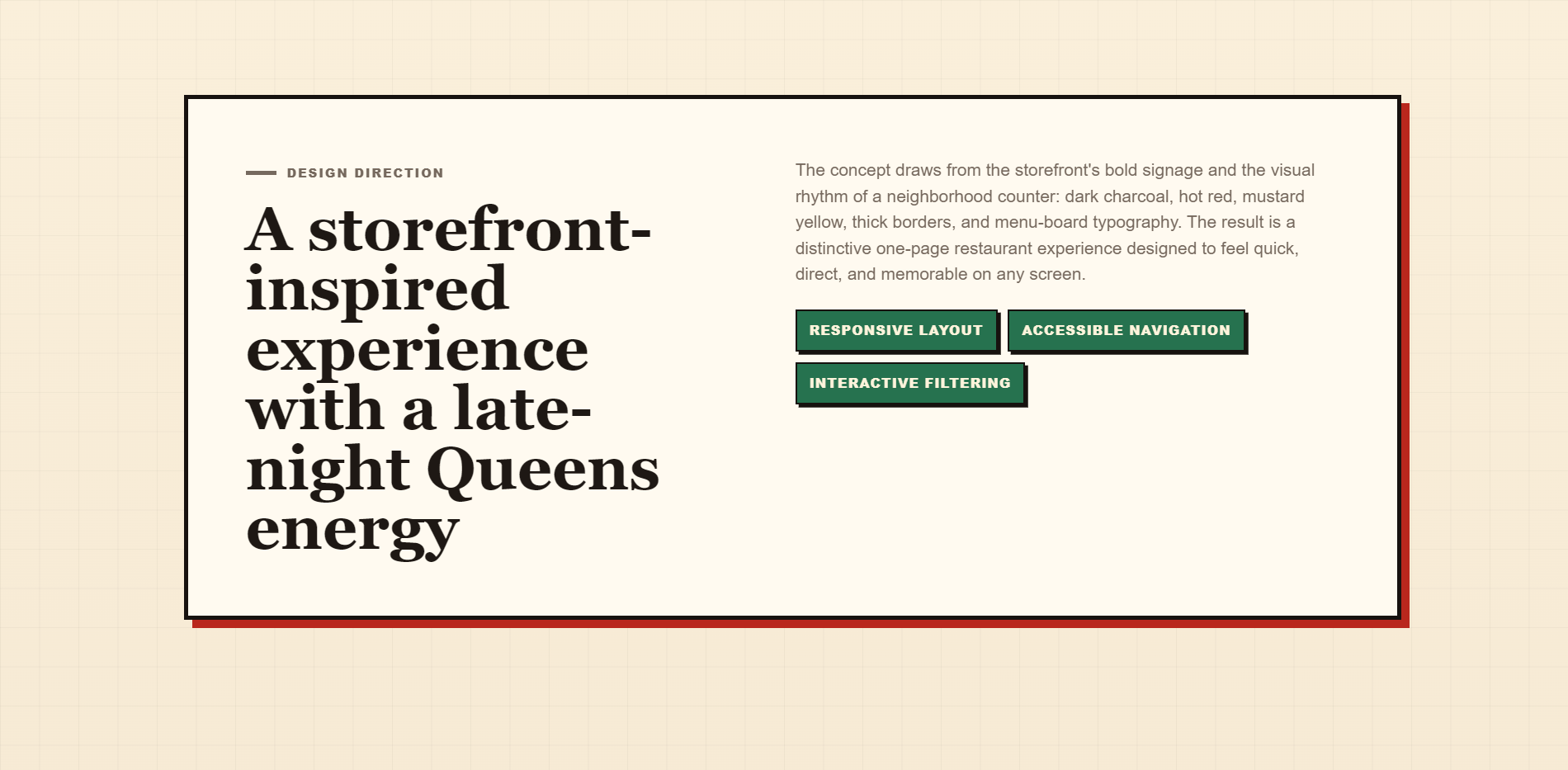 Kabab King design-direction section describing the storefront-inspired late-night Queens visual system