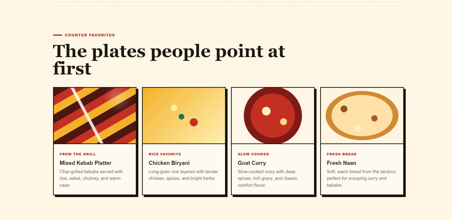 Counter Favorites section with four bordered food cards and CSS-generated prototype food artwork