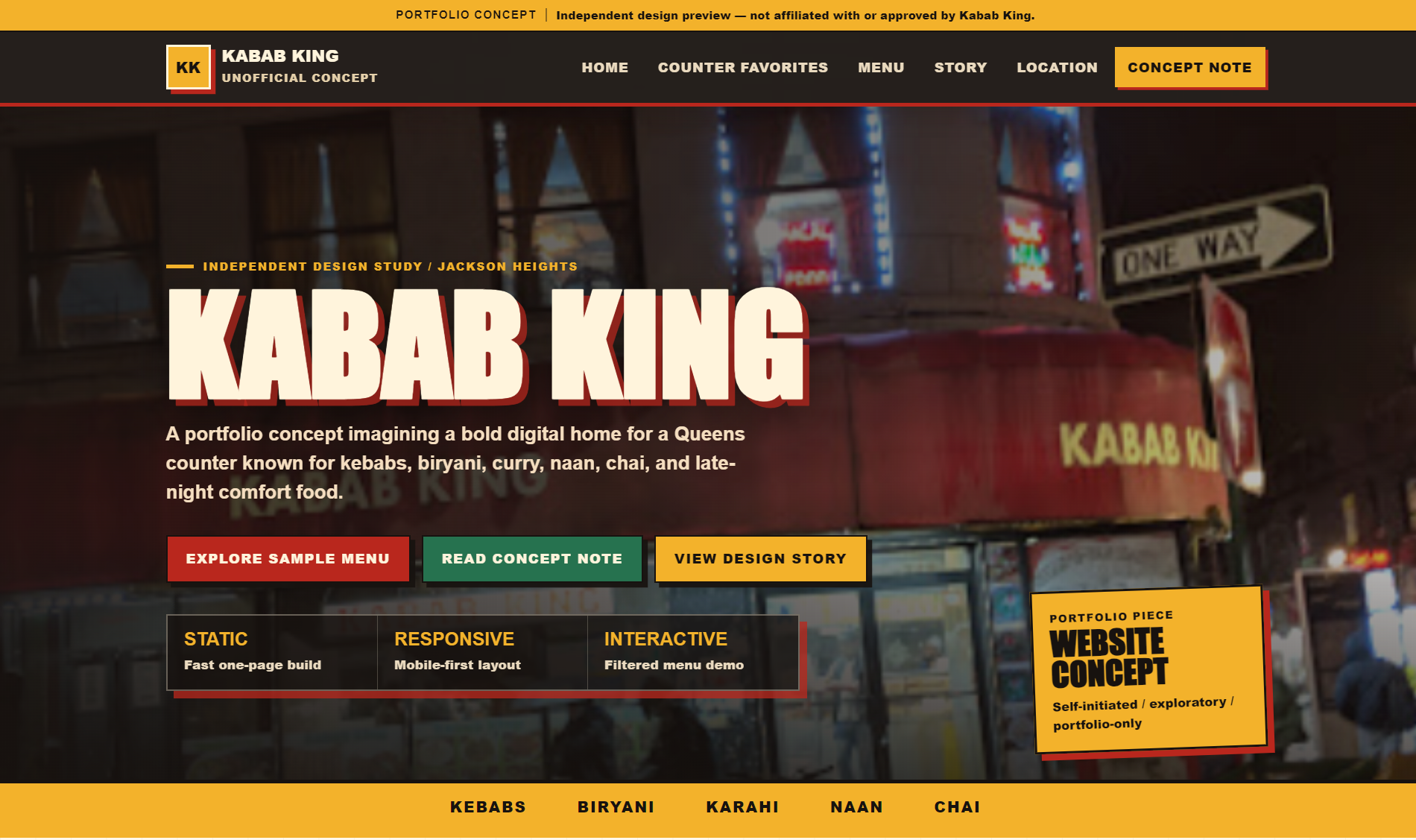 Desktop hero of the independent Kabab King redesign concept with a non-affiliation notice, bold title, storefront background, and concept navigation