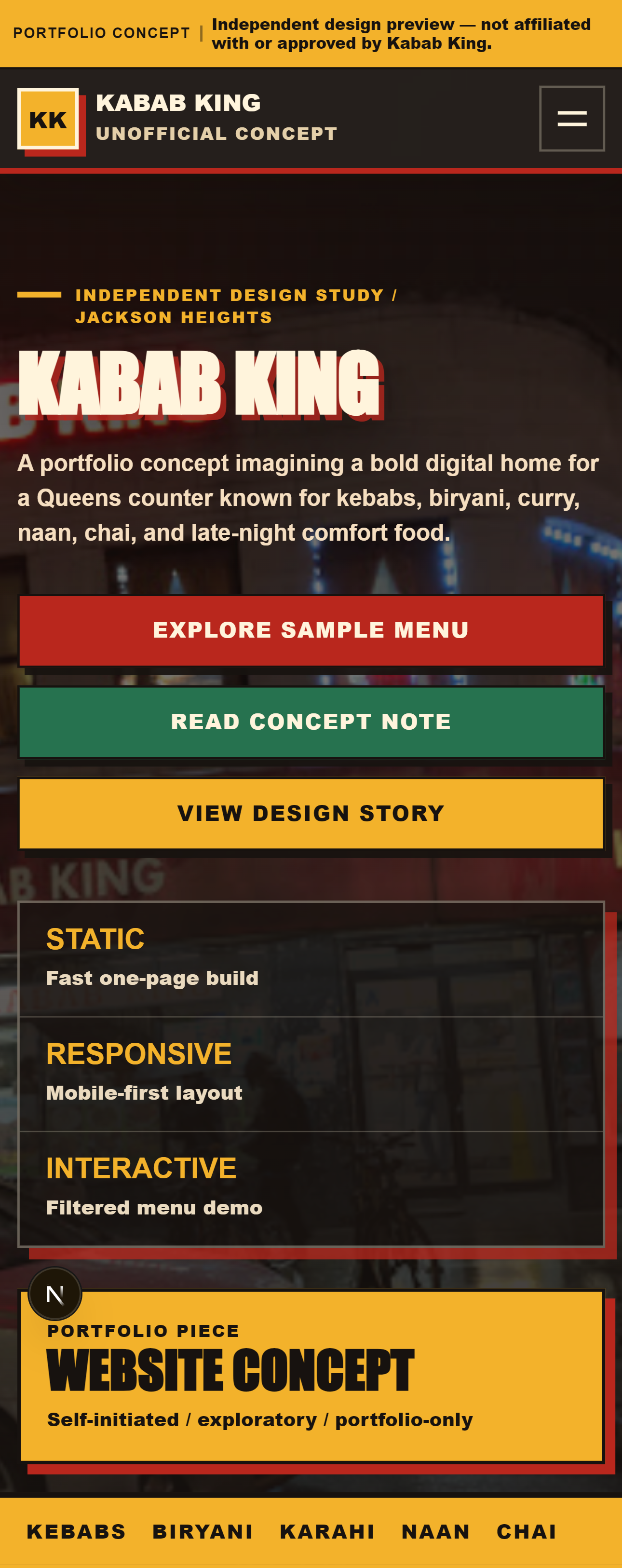 Tall mobile view of the Kabab King concept hero with disclosure banner, hamburger navigation, stacked actions, and project ticket