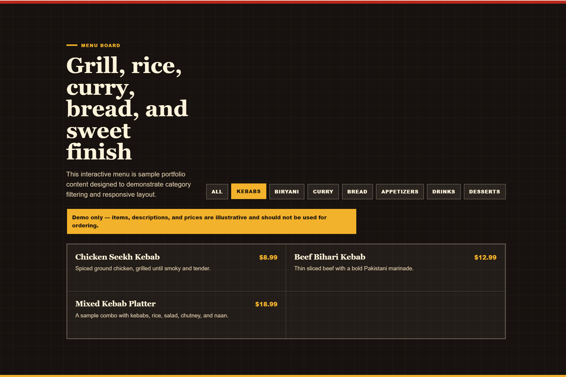 Desktop sample menu board with category filters, illustrative-content warning, and filtered kebab items