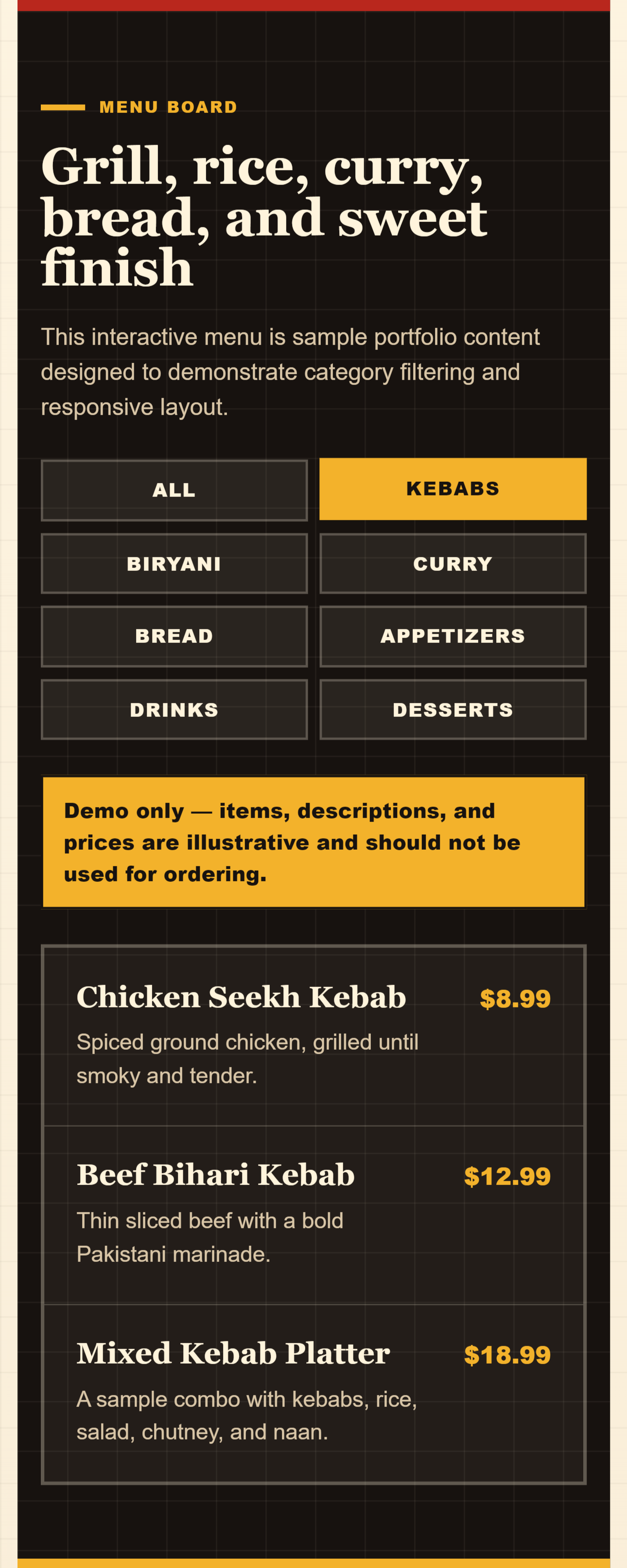 Tall mobile sample menu with two-column category controls, demo-content warning, and stacked kebab items