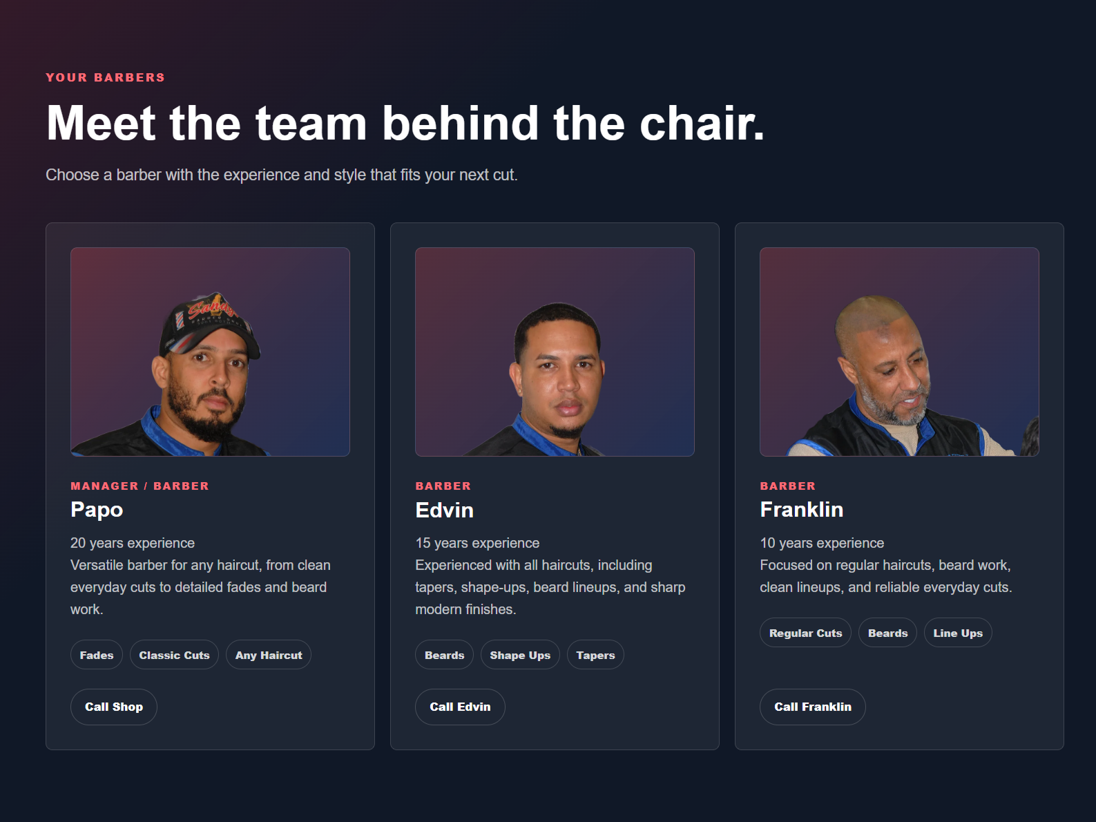Sandy Barber Shop barber profiles for Papo, Edvin, and Franklin