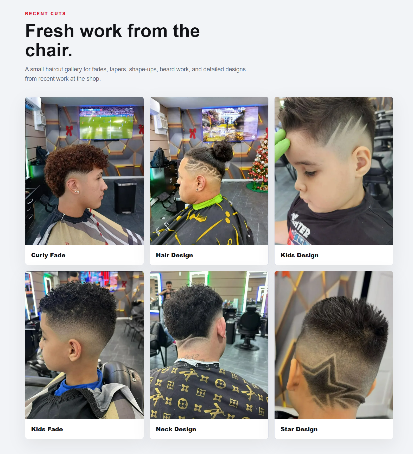 Recent Cuts website section showing six haircut and hair-design examples