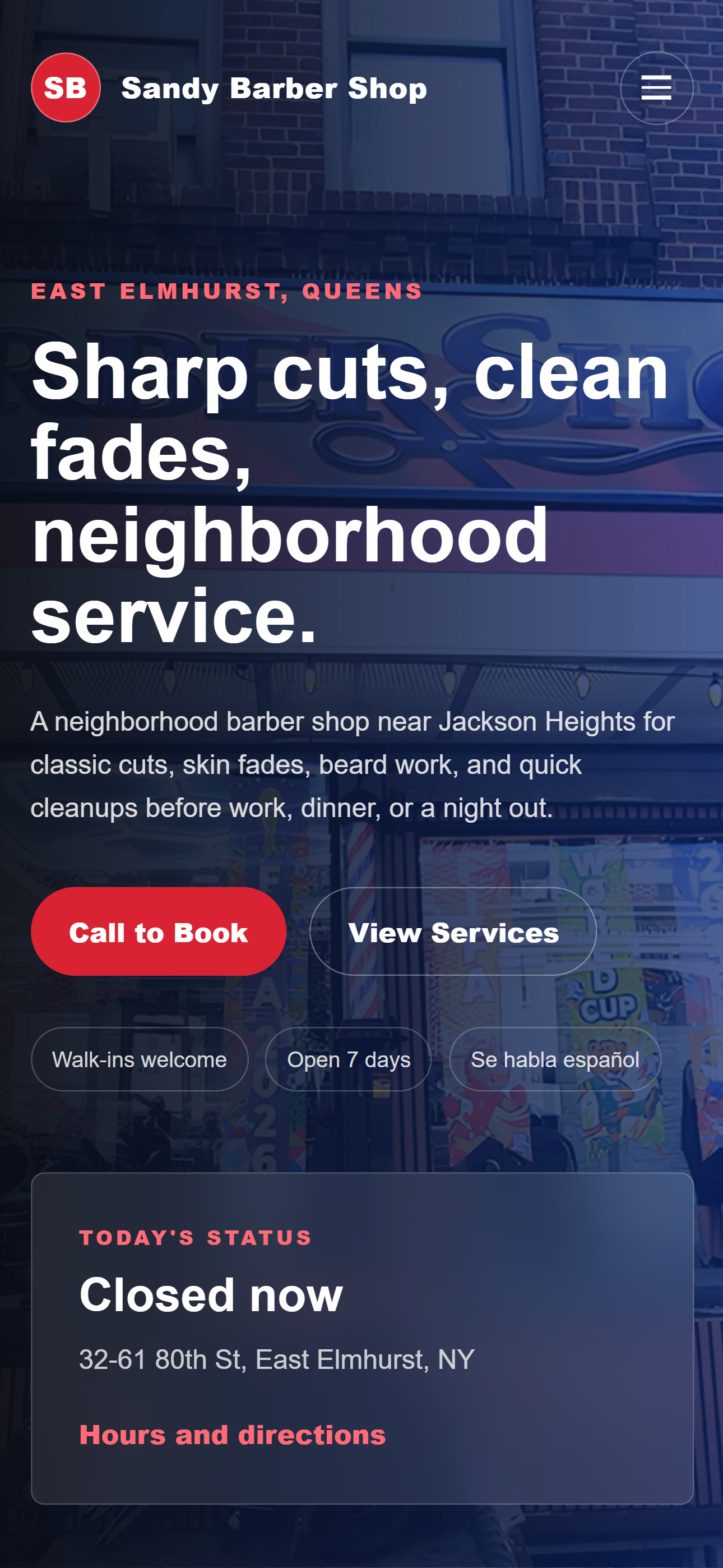 Mobile Sandy Barber Shop homepage in English
