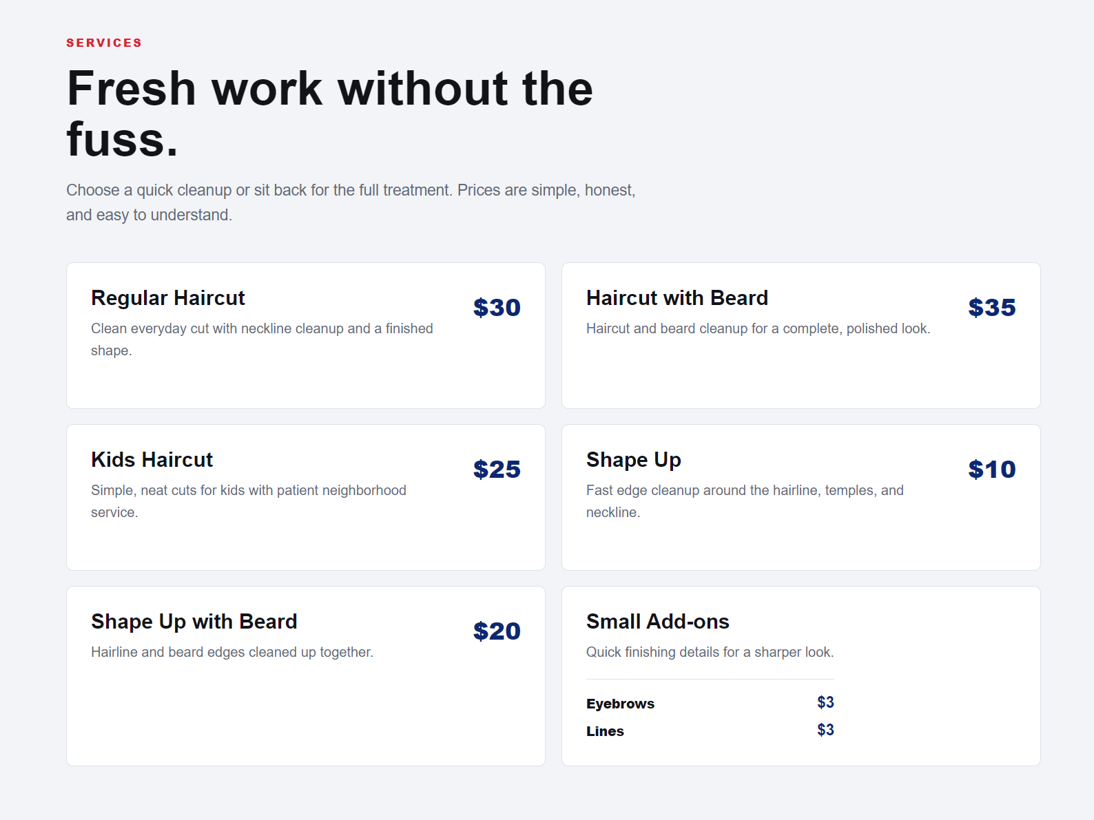 Sandy Barber Shop services section listing haircuts, shape ups, and published prices