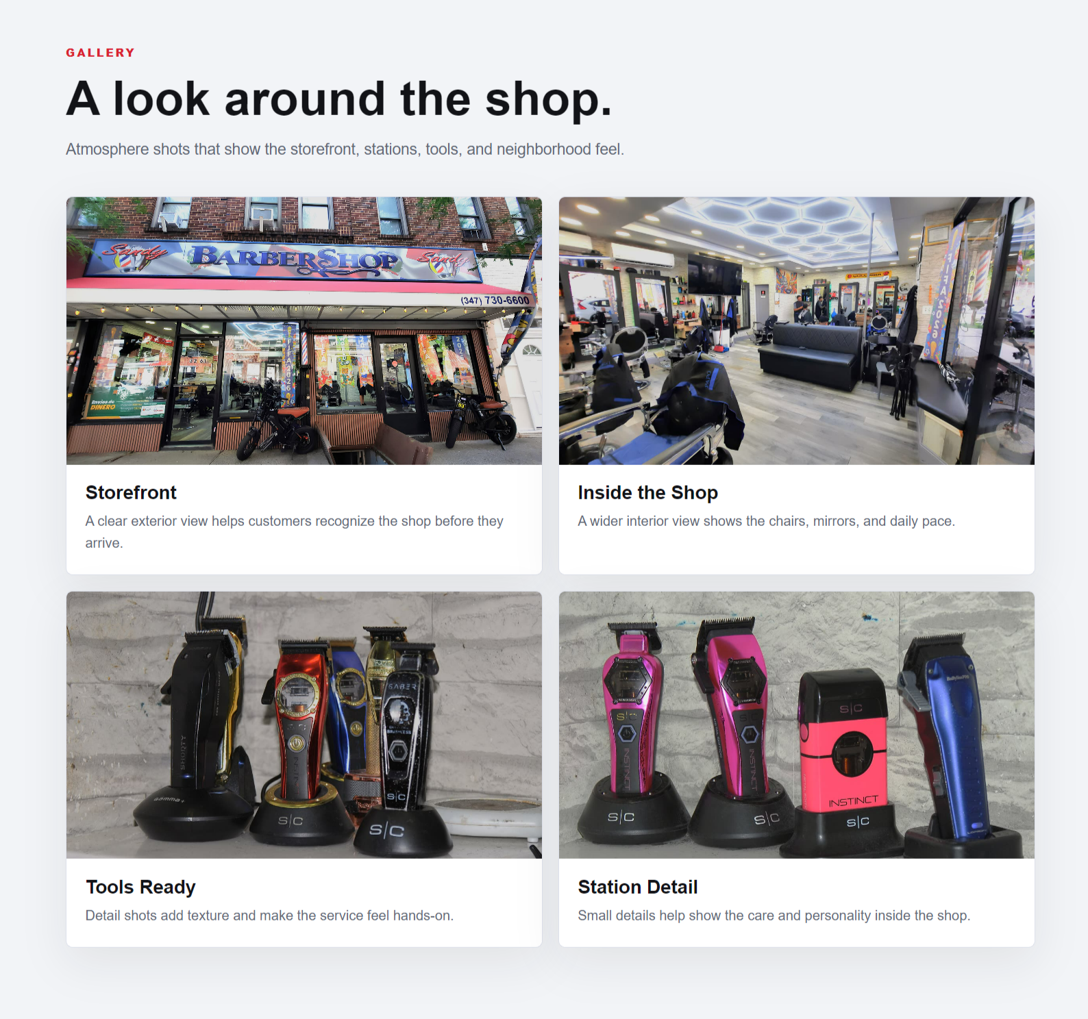 Sandy Barber Shop gallery with storefront, interior, and barber-tool photographs