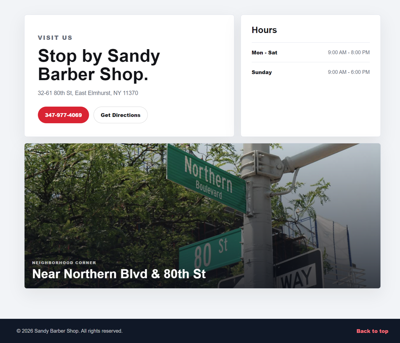 Sandy Barber Shop visit section with address, phone number, hours, directions, and Northern Boulevard location photograph